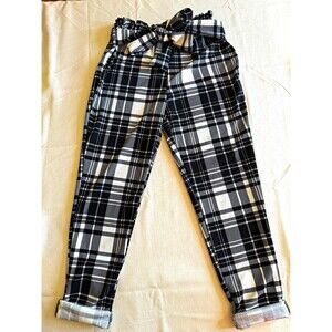 Arabella Women's Black/White Plaid Stretch Knit Jogger Pants Drawstring M 25"